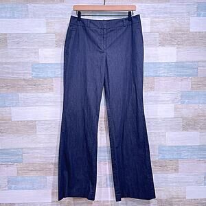 LOFT Chambray Wide Leg Trousers Blue Dark Wash High Rise Stretch Cotton Womens 8